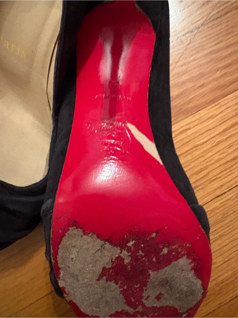 Christian Louboutin Black Suede Peep-Toe Heels with Ruched Detail - Picture 3 of 3